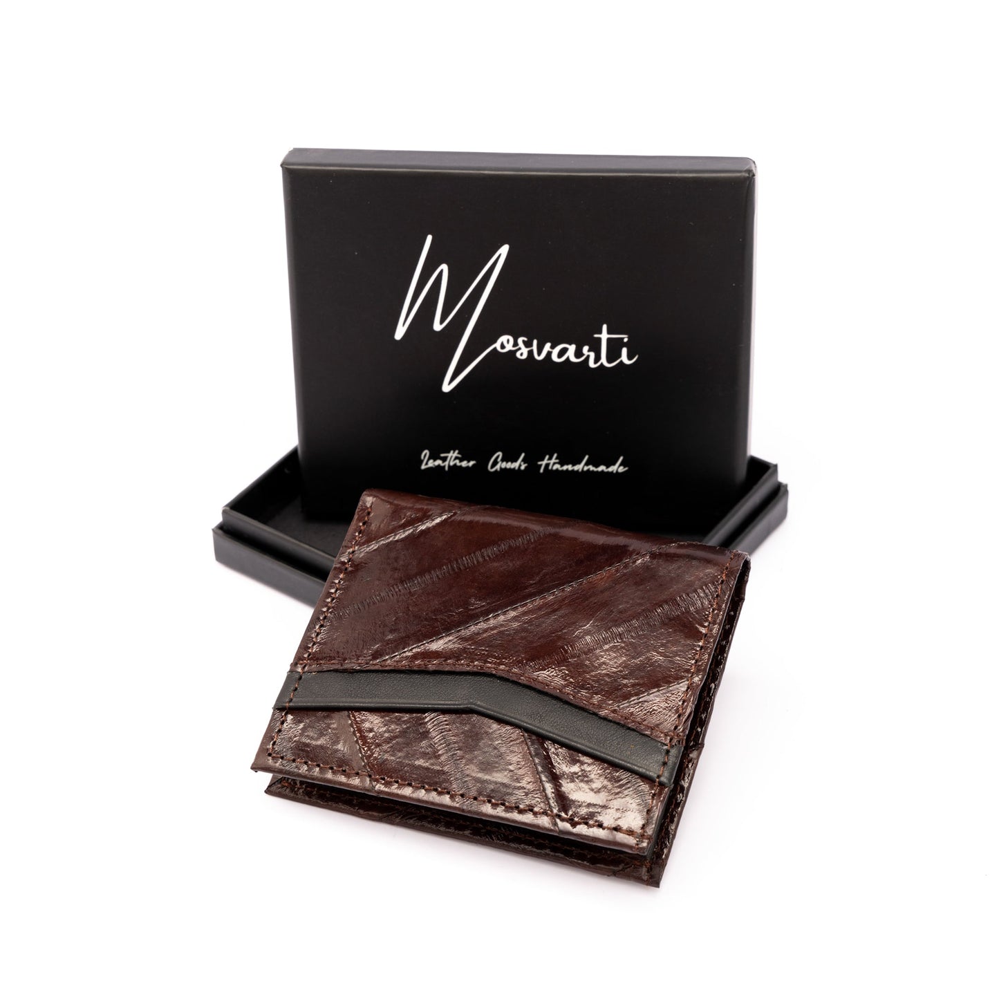 MOSVARTI Billeteras y clips para billetes Copia de Cartera vertical de cuero con piel exótica y tecnología RFID Mod Azteca (Anguila Anguila)