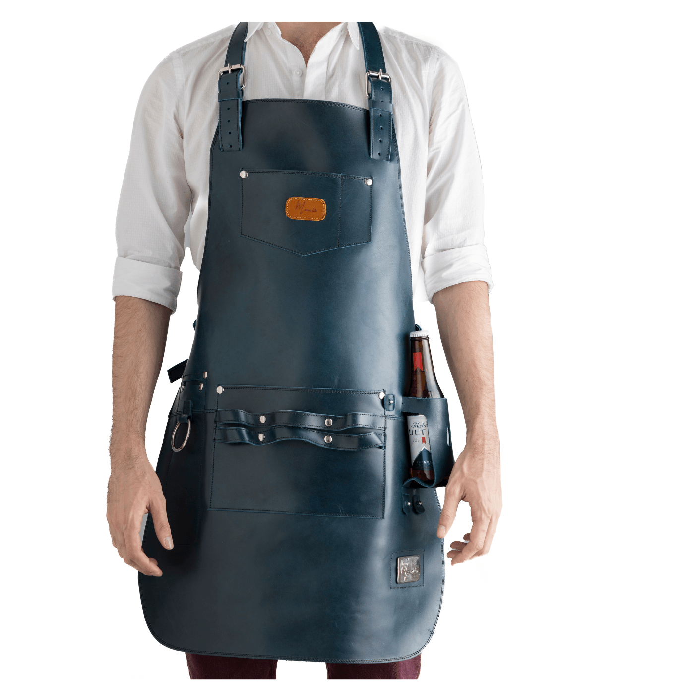 MOSVARTI Mandil Piel Genuina Mod. T-Bone 100% Mandil Parrillero Cuero Genuino (Pull up azul)