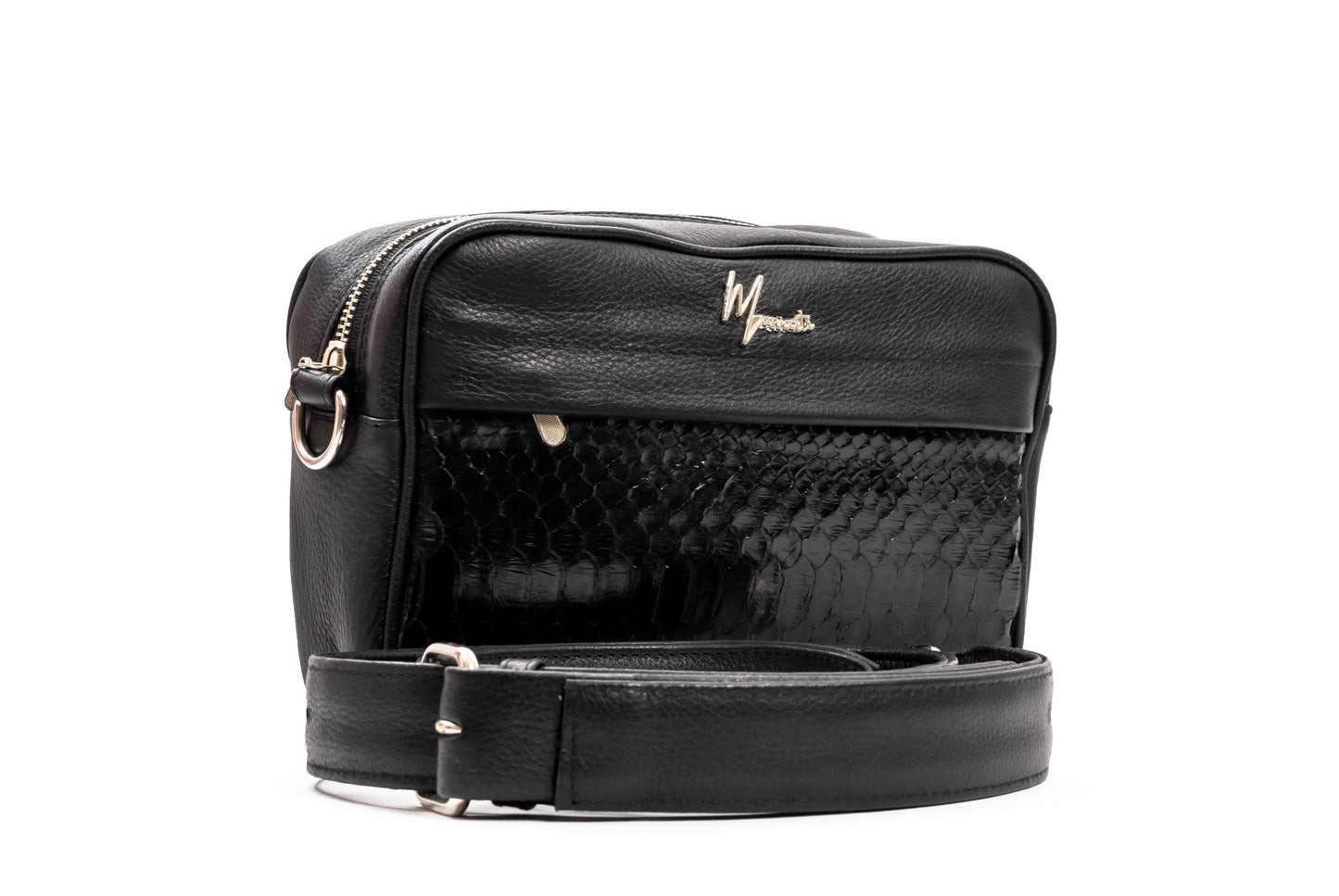 Bandolera  Pitón Negro Lustrado cuerpo floter negro Mod Matew.