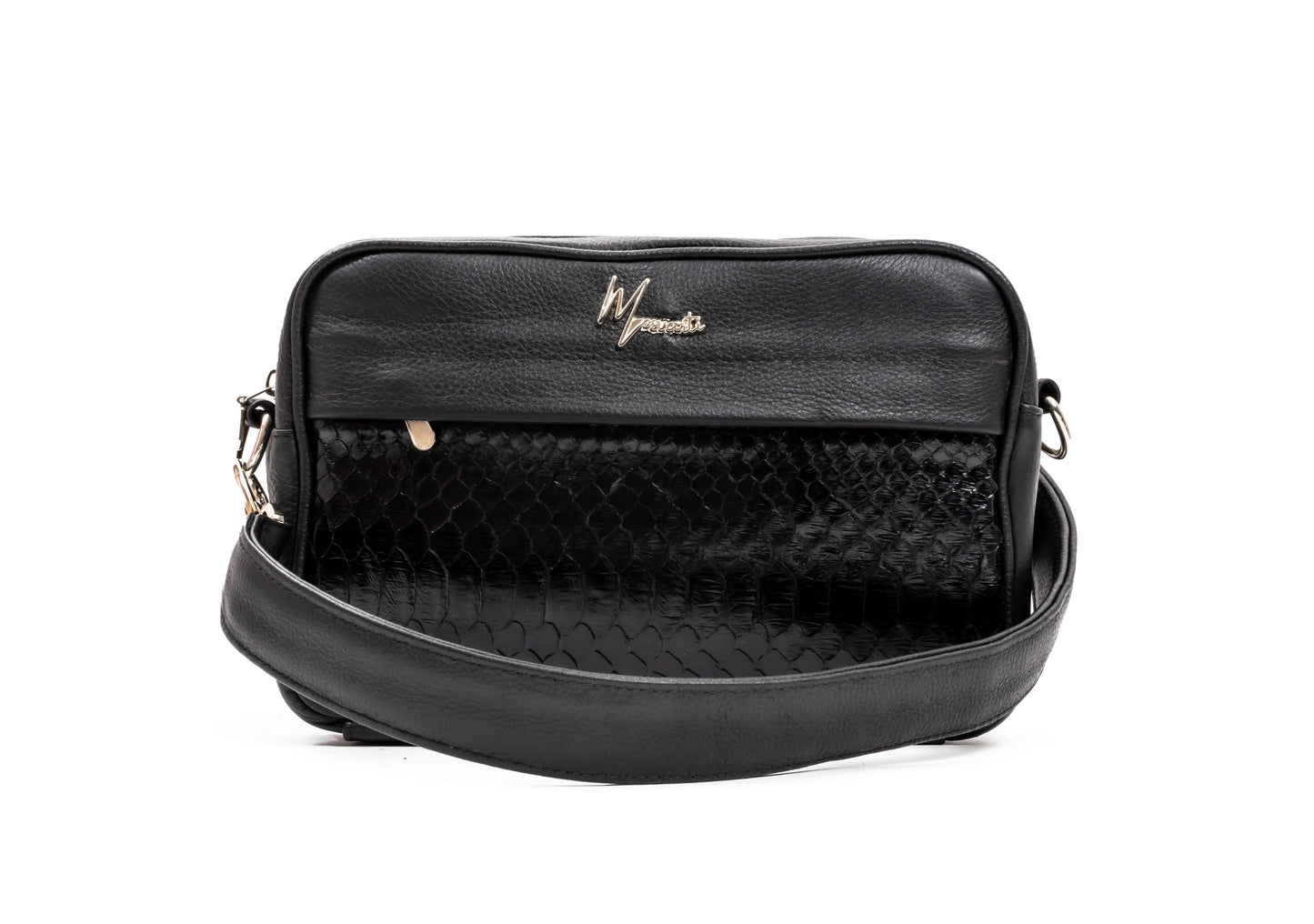 Bandolera  Pitón Negro Lustrado cuerpo floter negro Mod Matew.