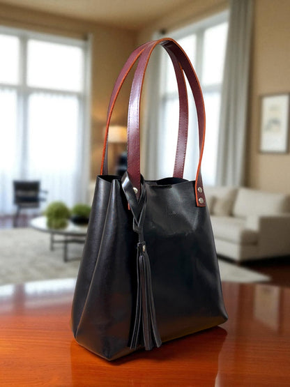 Bolso Tote Cuero Praga Plus+ Pull negro Doble Vista + 💄Cosmetiquera 👝 Gratis!!