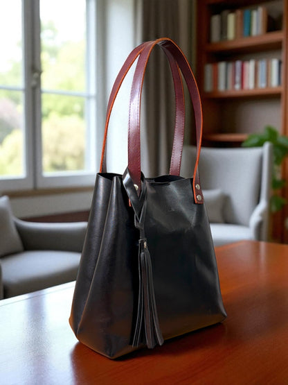 Bolso Tote Cuero Praga Plus+ Pull negro Doble Vista + 💄Cosmetiquera 👝 Gratis!!