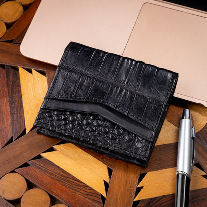 MOSVARTI Billeteras y clips para billetes Cartera vertical de cuero con piel exótica y tecnología RFID Mod Azteca (Aligathor Negro)