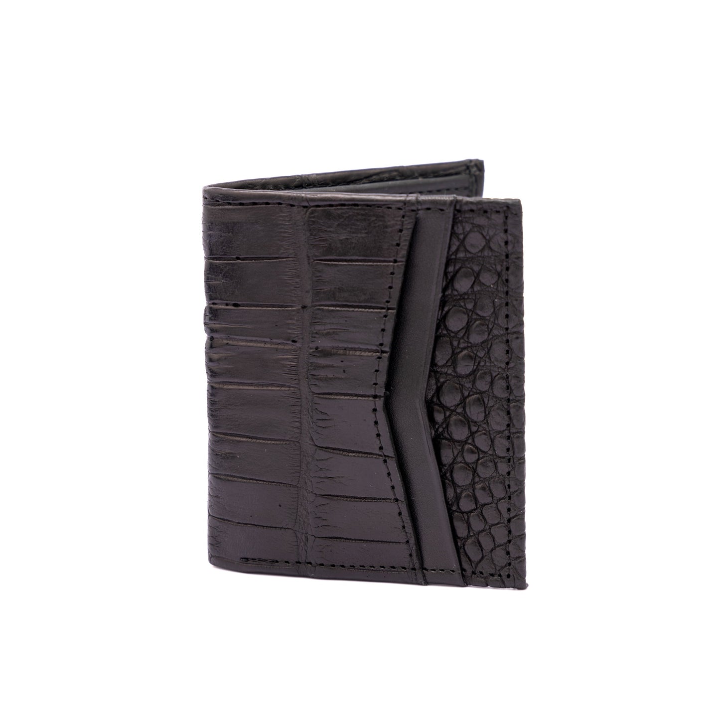 MOSVARTI Billeteras y clips para billetes Cartera vertical de cuero con piel exótica y tecnología RFID Mod Azteca (Aligathor Negro)