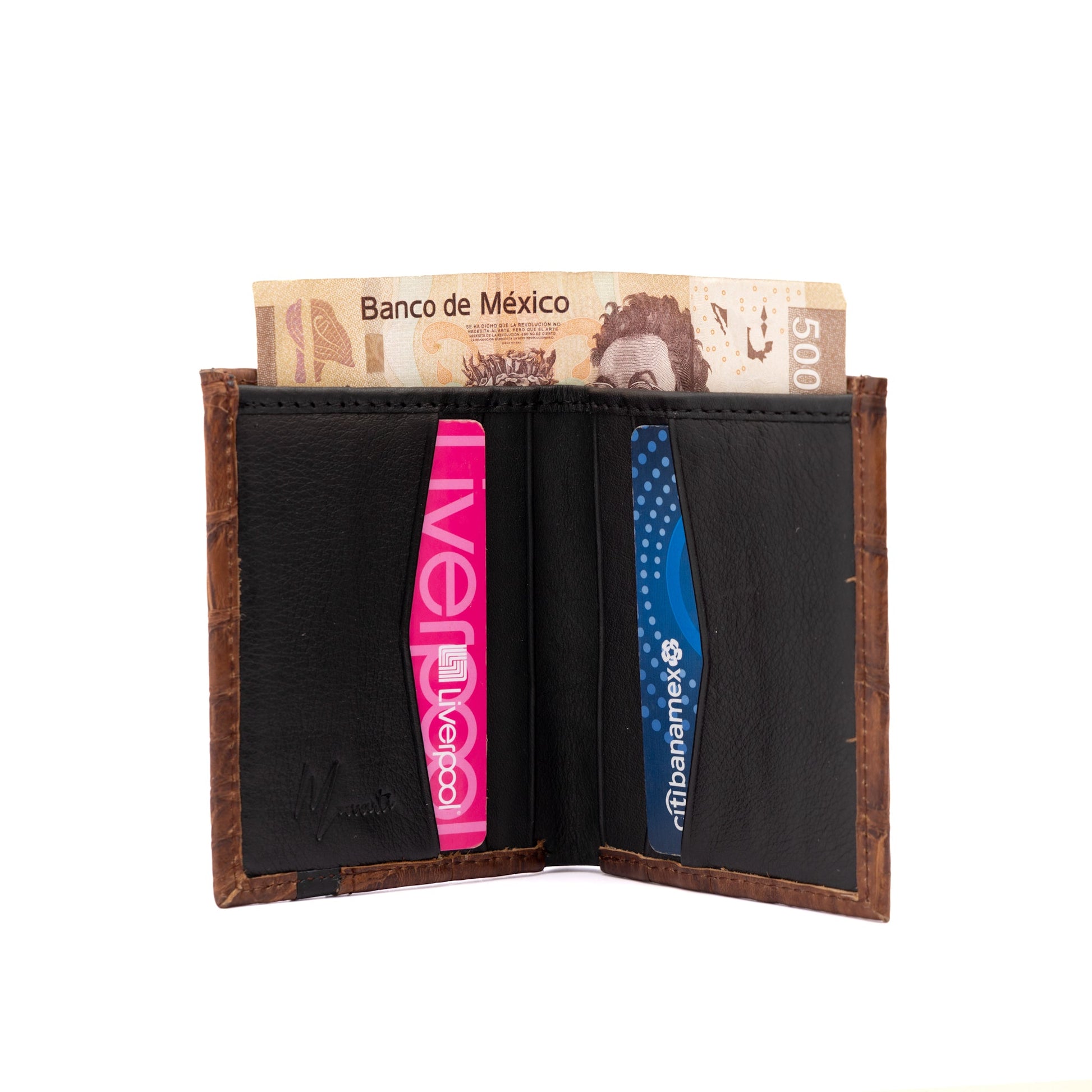 MOSVARTI Billeteras y clips para billetes Cartera vertical de cuero con piel exótica y tecnología RFID Mod Azteca (Aligathor Roble)