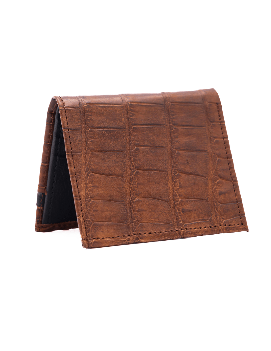 MOSVARTI Billeteras y clips para billetes Cartera vertical de cuero con piel exótica y tecnología RFID Mod Azteca (Aligathor Roble)