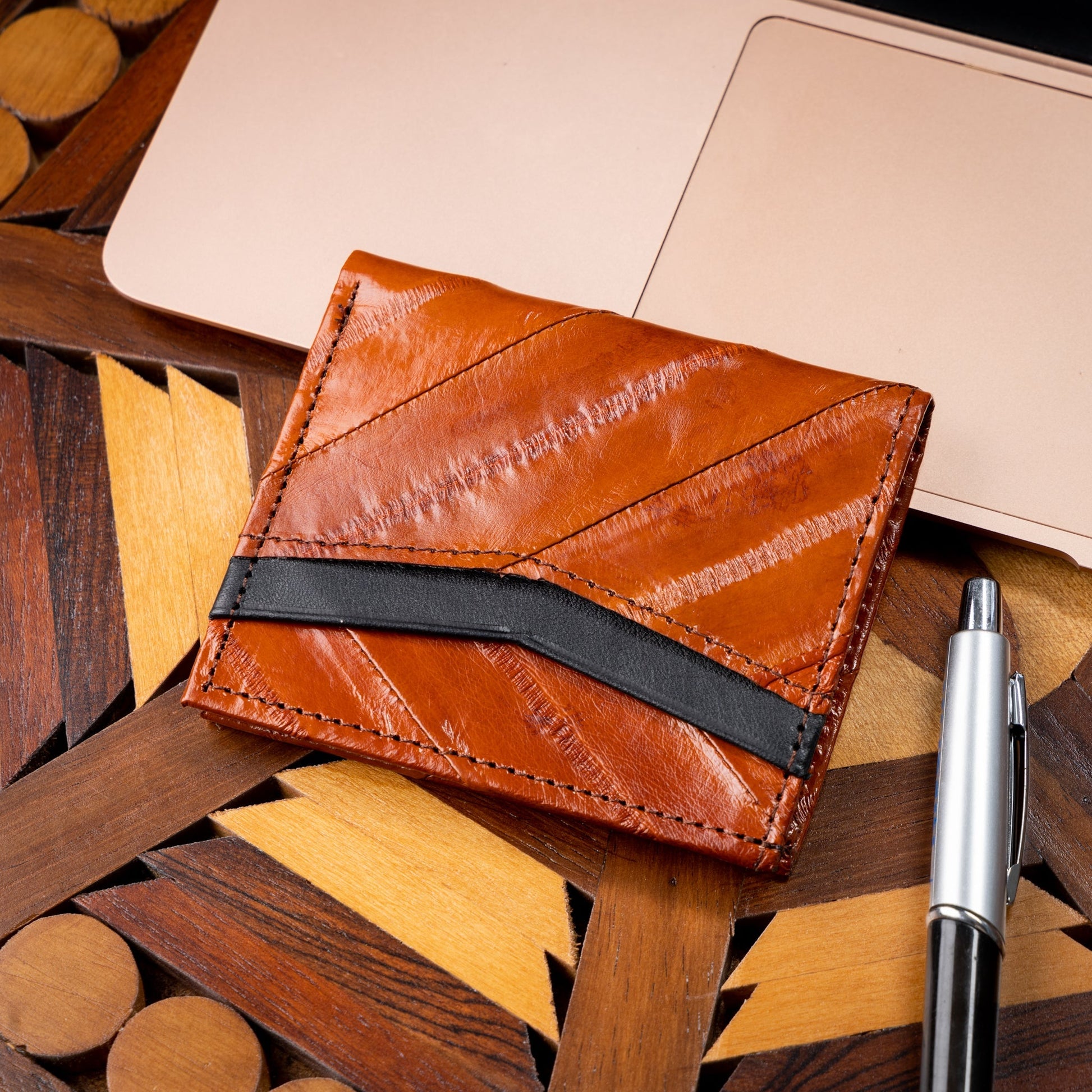 MOSVARTI Billeteras y clips para billetes Cartera vertical de cuero con piel exótica y tecnología RFID Mod Azteca (Anguila)