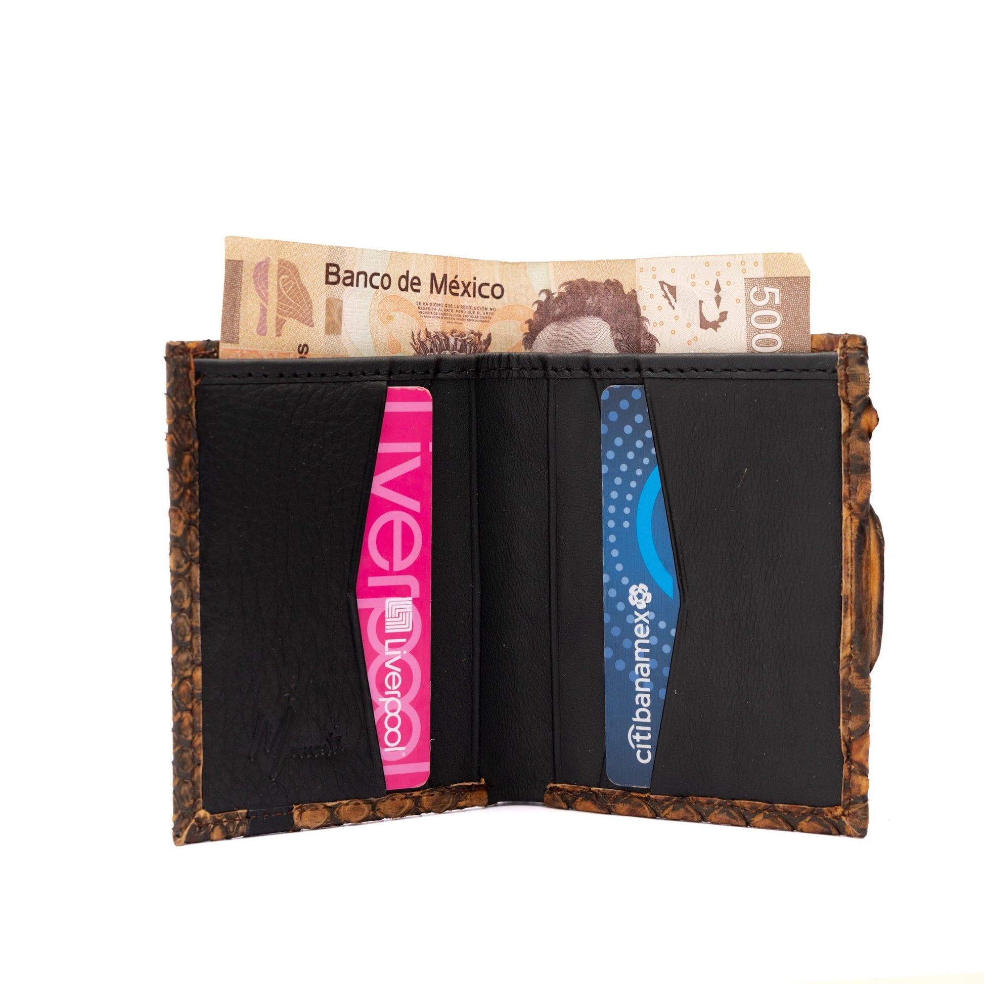 MOSVARTI Billeteras y clips para billetes Cartera vertical de cuero con piel exótica y tecnología RFID Mod Azteca (Pitón paja)