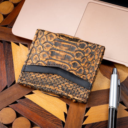 MOSVARTI Billeteras y clips para billetes Cartera vertical de cuero con piel exótica y tecnología RFID Mod Azteca (Pitón paja)