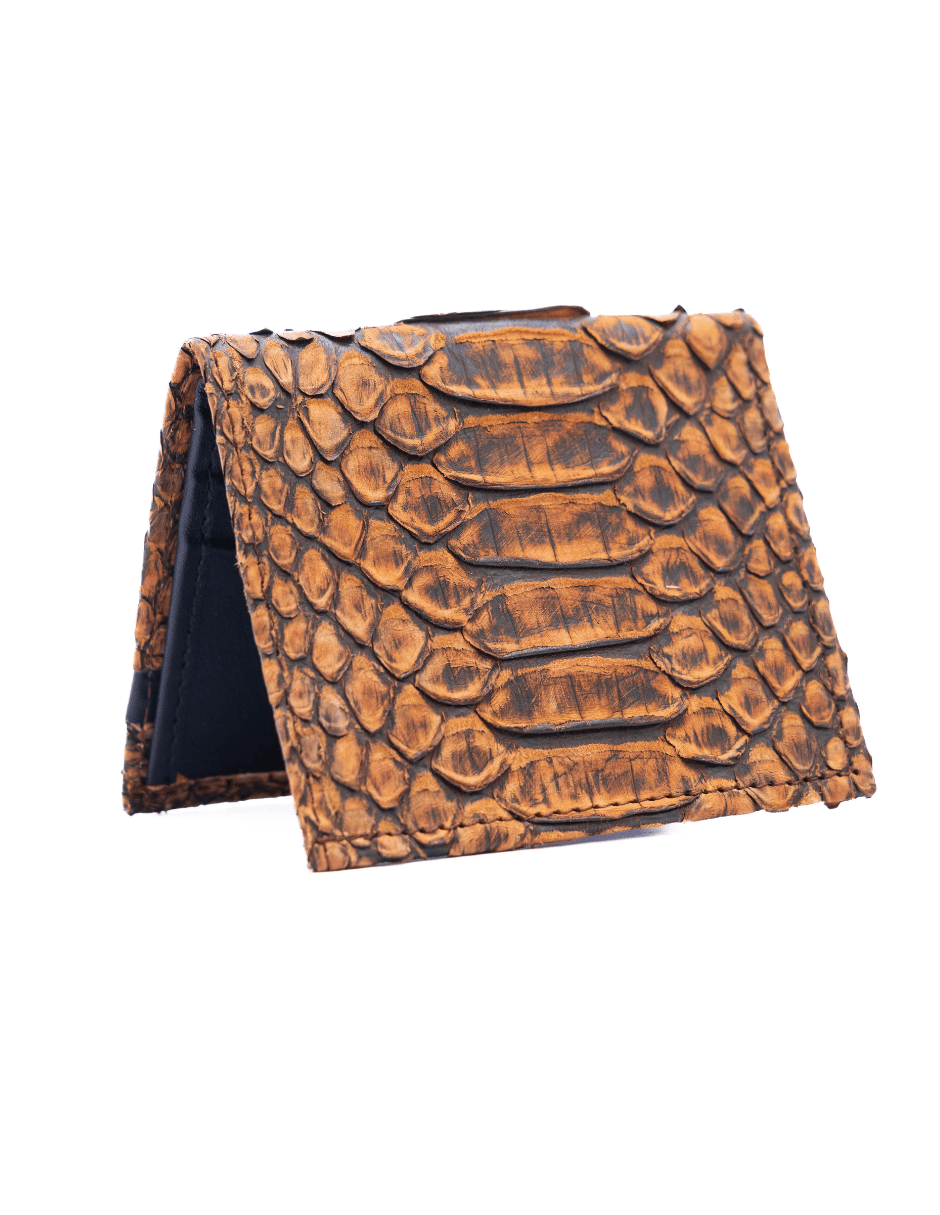 MOSVARTI Billeteras y clips para billetes Cartera vertical de cuero con piel exótica y tecnología RFID Mod Azteca (Pitón paja)