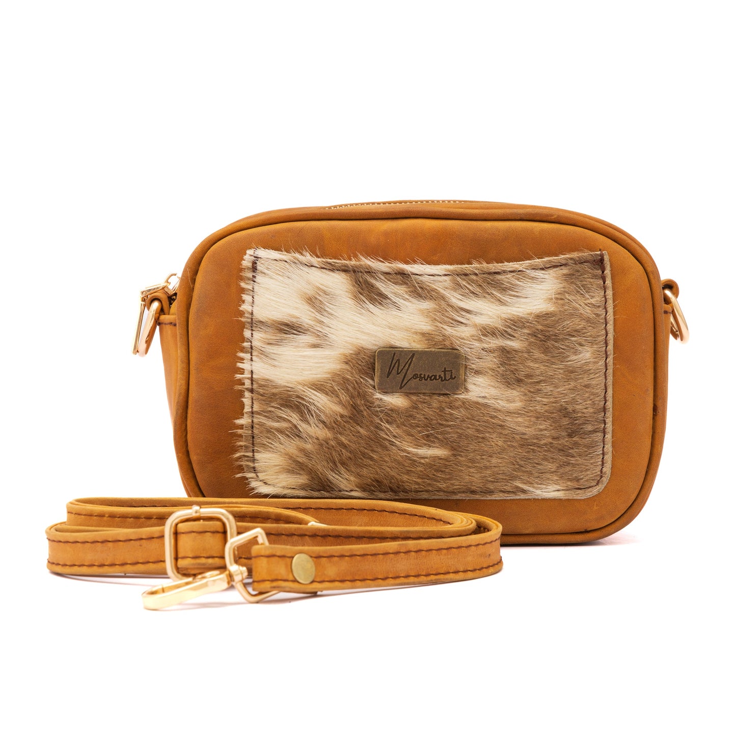 MOSVARTI Bolsos Bolso crossbody piel con Detalle de pelo Bovino Mod Palermo (Miel)