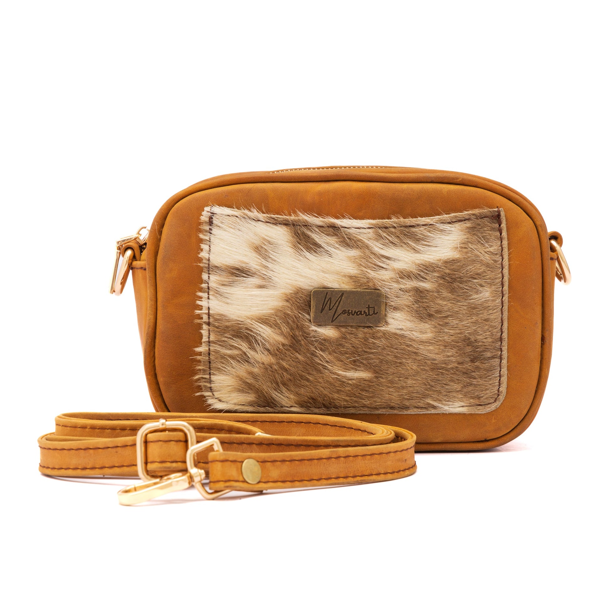 MOSVARTI Bolsos Bolso crossbody piel con Detalle de pelo Bovino Mod Palermo (Miel)