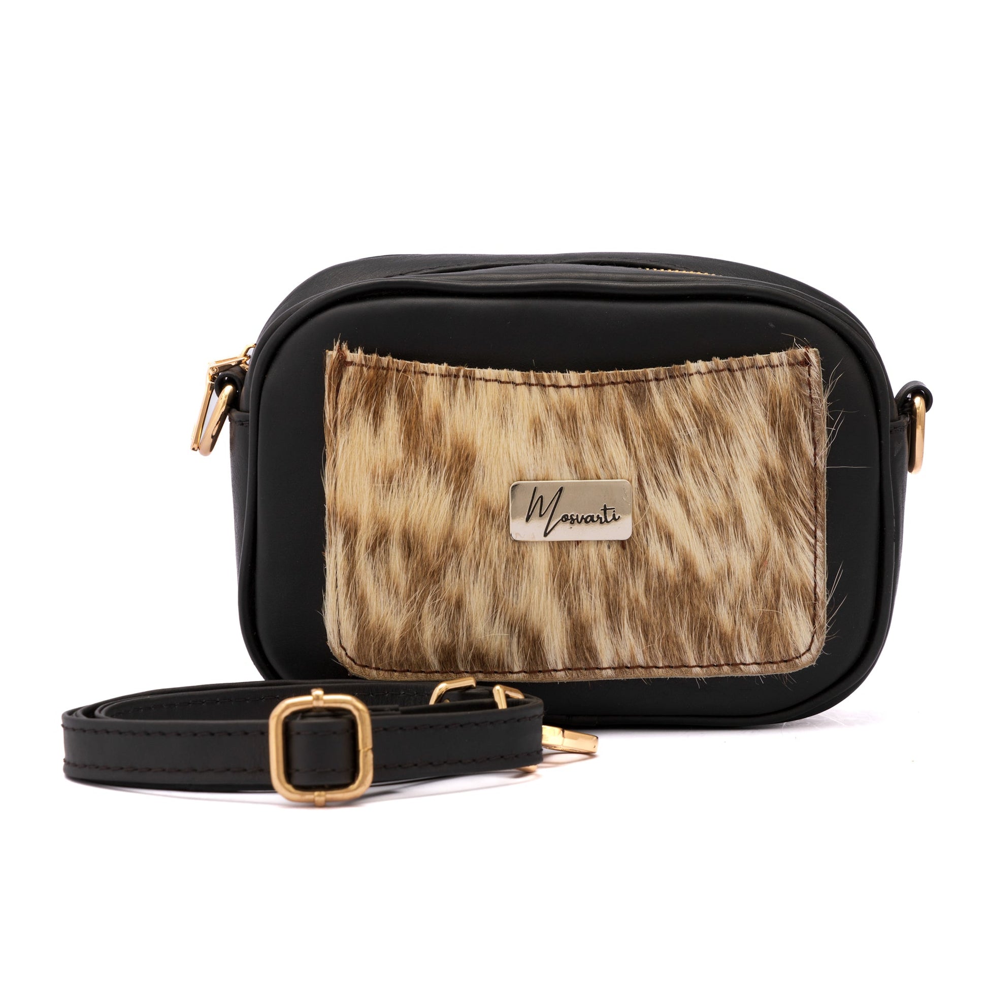 MOSVARTI Bolsos Bolso crossbody piel con Detalle de pelo Bovino Mod Palermo (Negro)