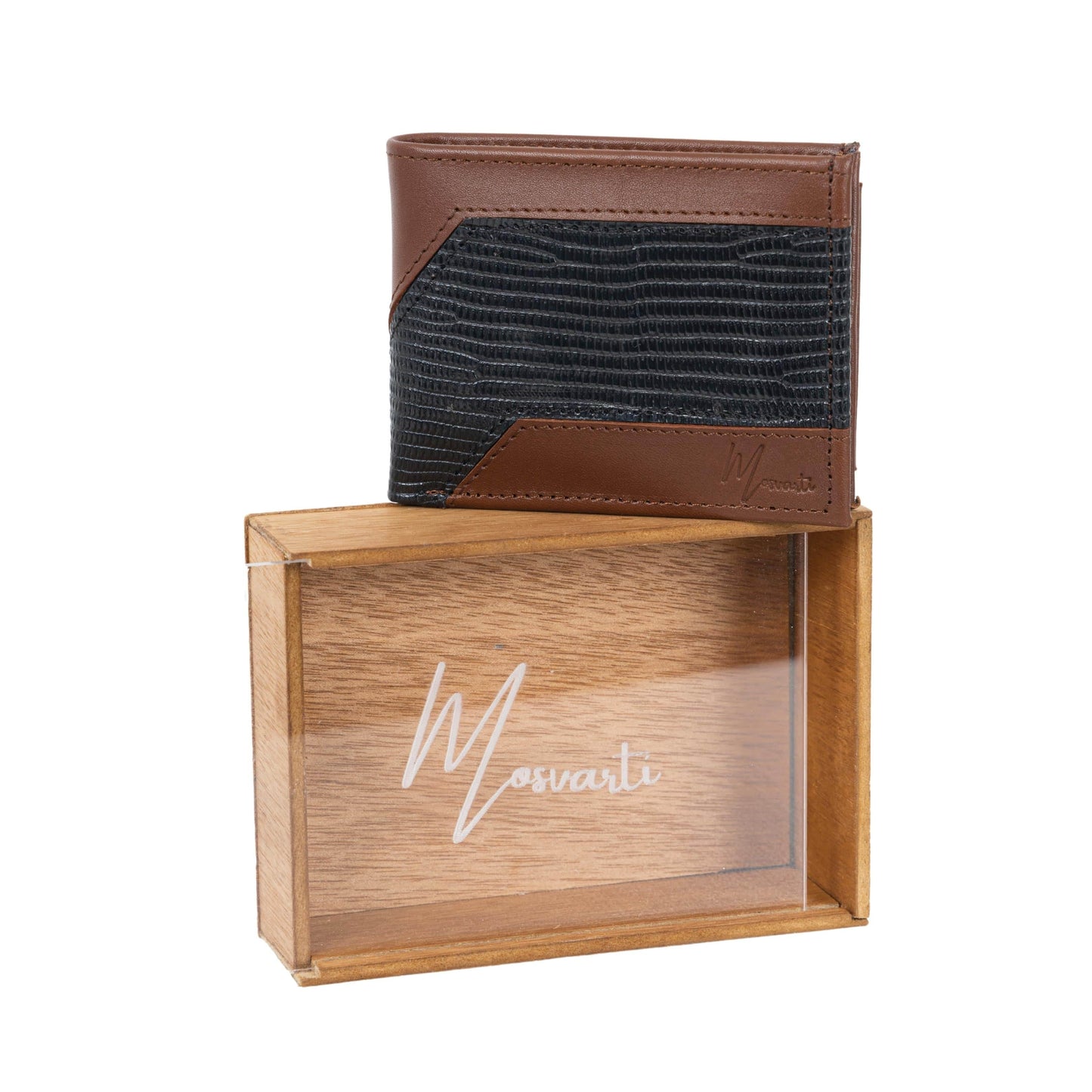 MOSVARTI Billeteras y clips para billetes Cartera caballero Leather exotic Genuine Mod. Zafari cafe/Lizard Negro