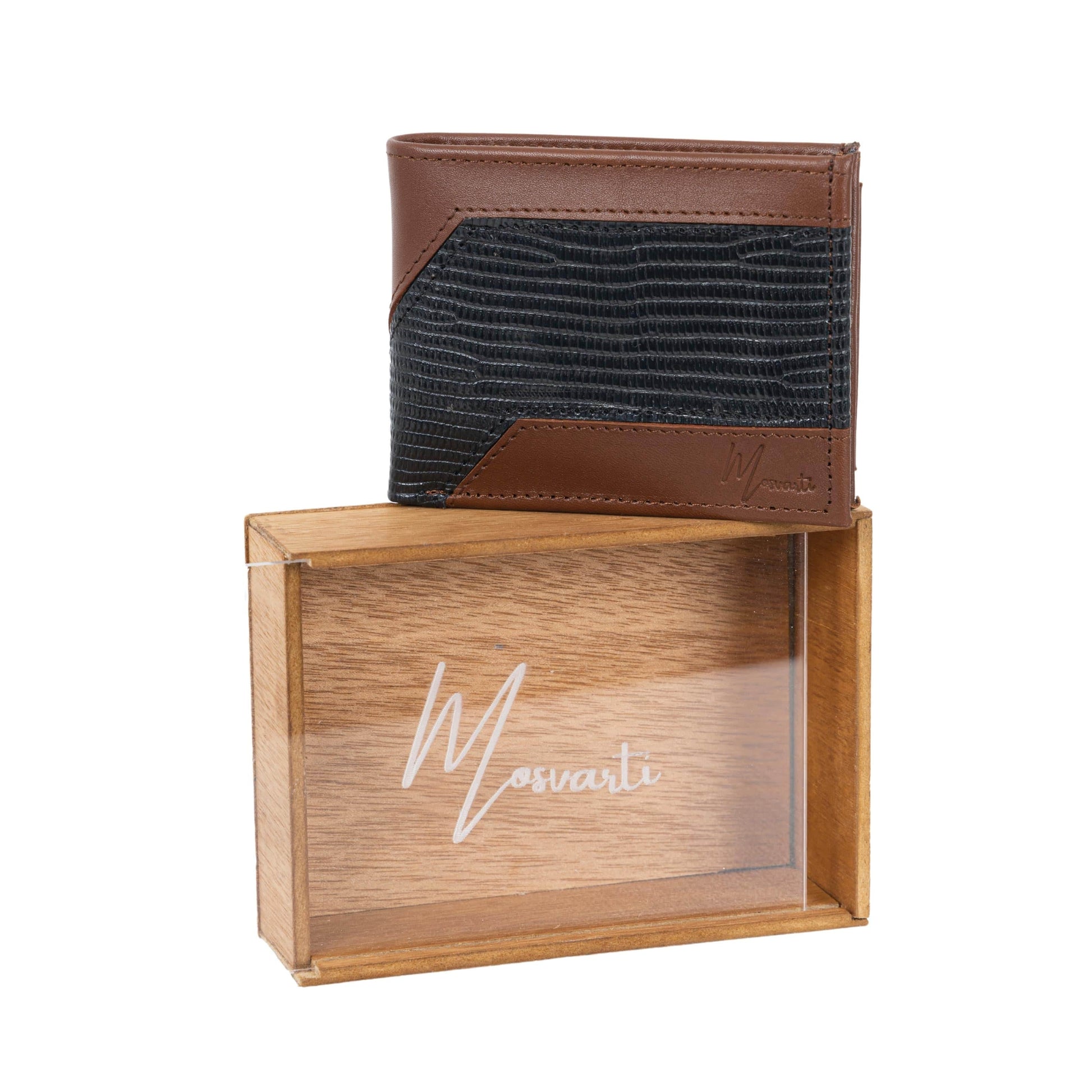 MOSVARTI Billeteras y clips para billetes Cartera caballero Leather exotic Genuine Mod. Zafari cafe/Lizard Negro