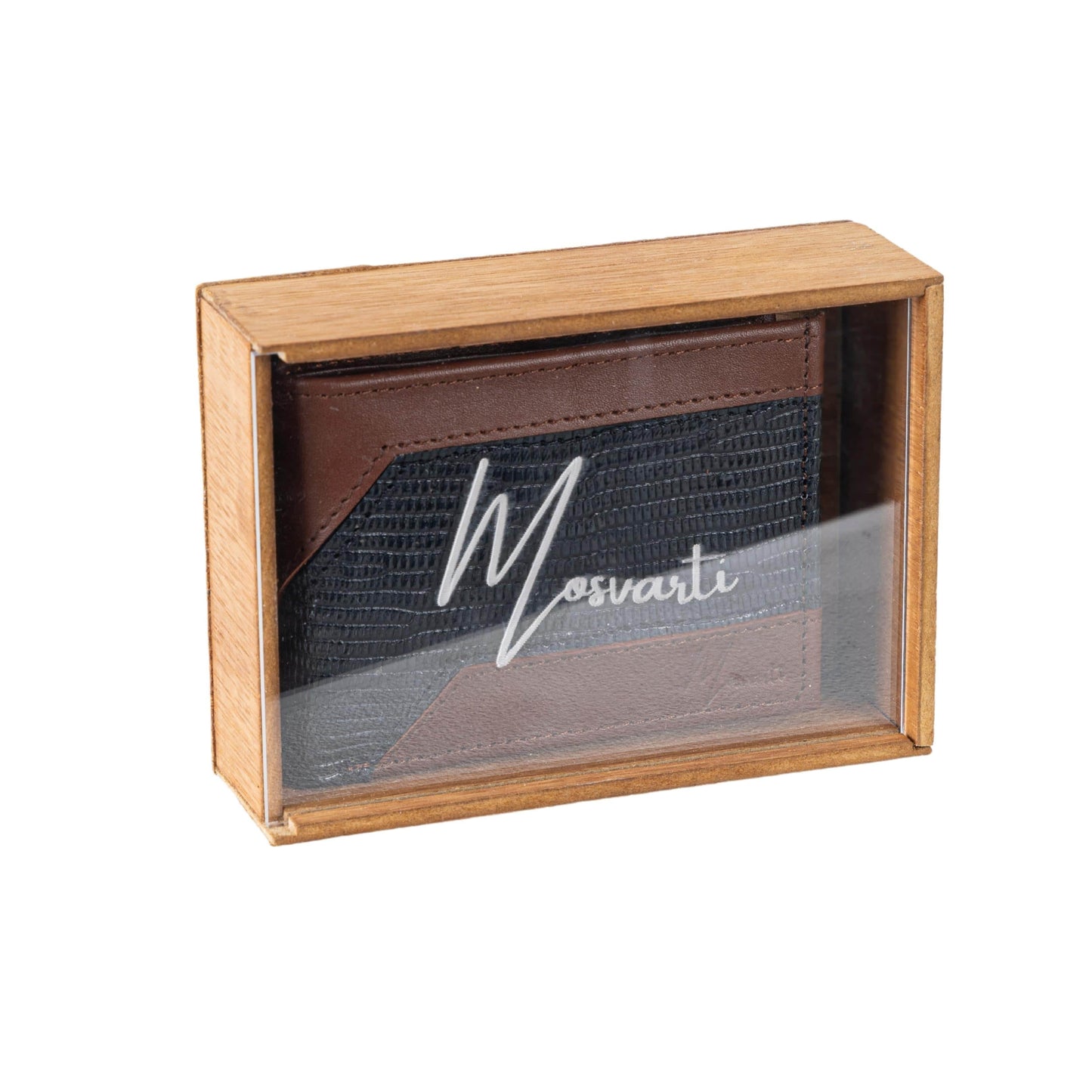 MOSVARTI Billeteras y clips para billetes Cartera caballero Leather exotic Genuine Mod. Zafari cafe/Lizard Negro