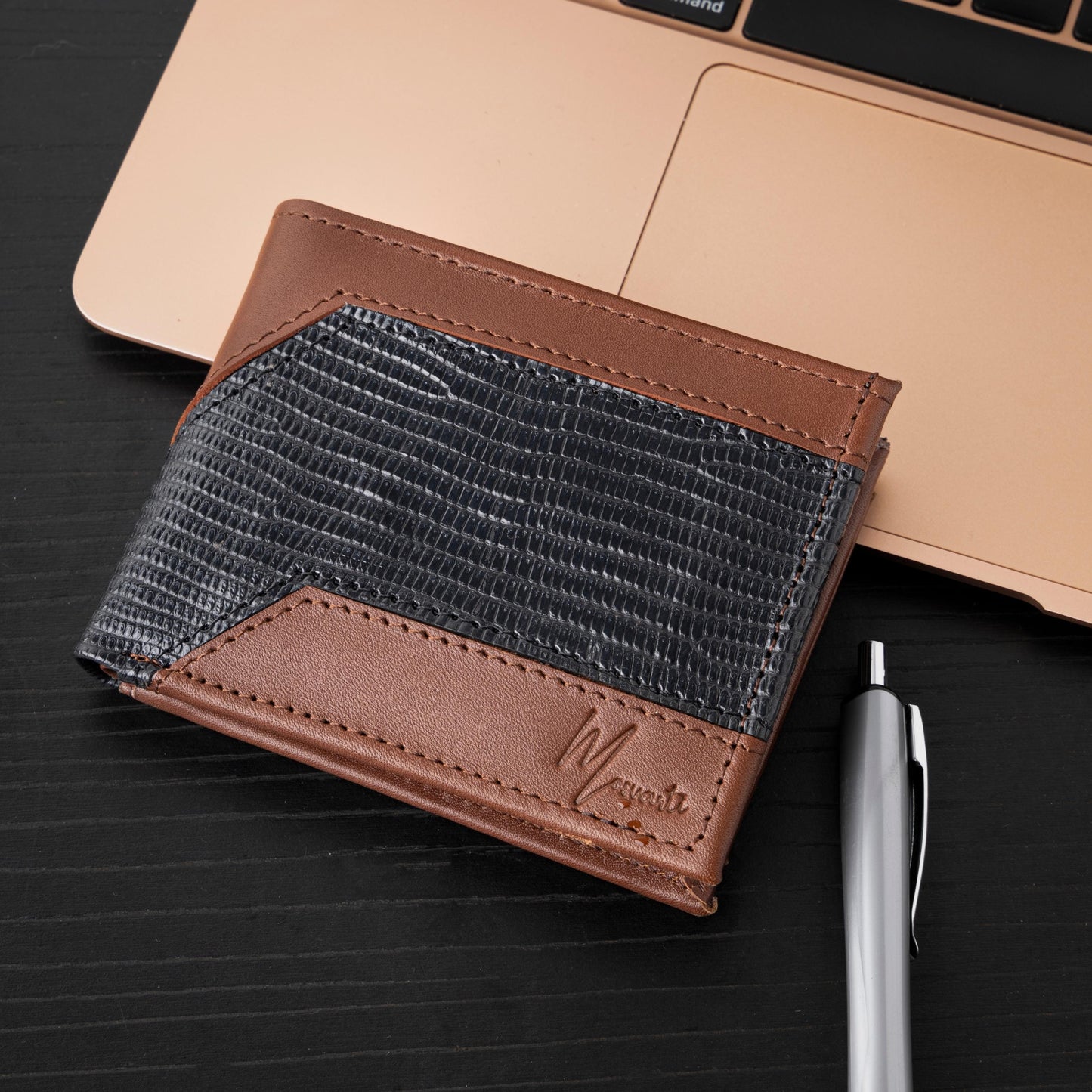 MOSVARTI Billeteras y clips para billetes Cartera caballero Leather exotic Genuine Mod. Zafari cafe/Lizard Negro