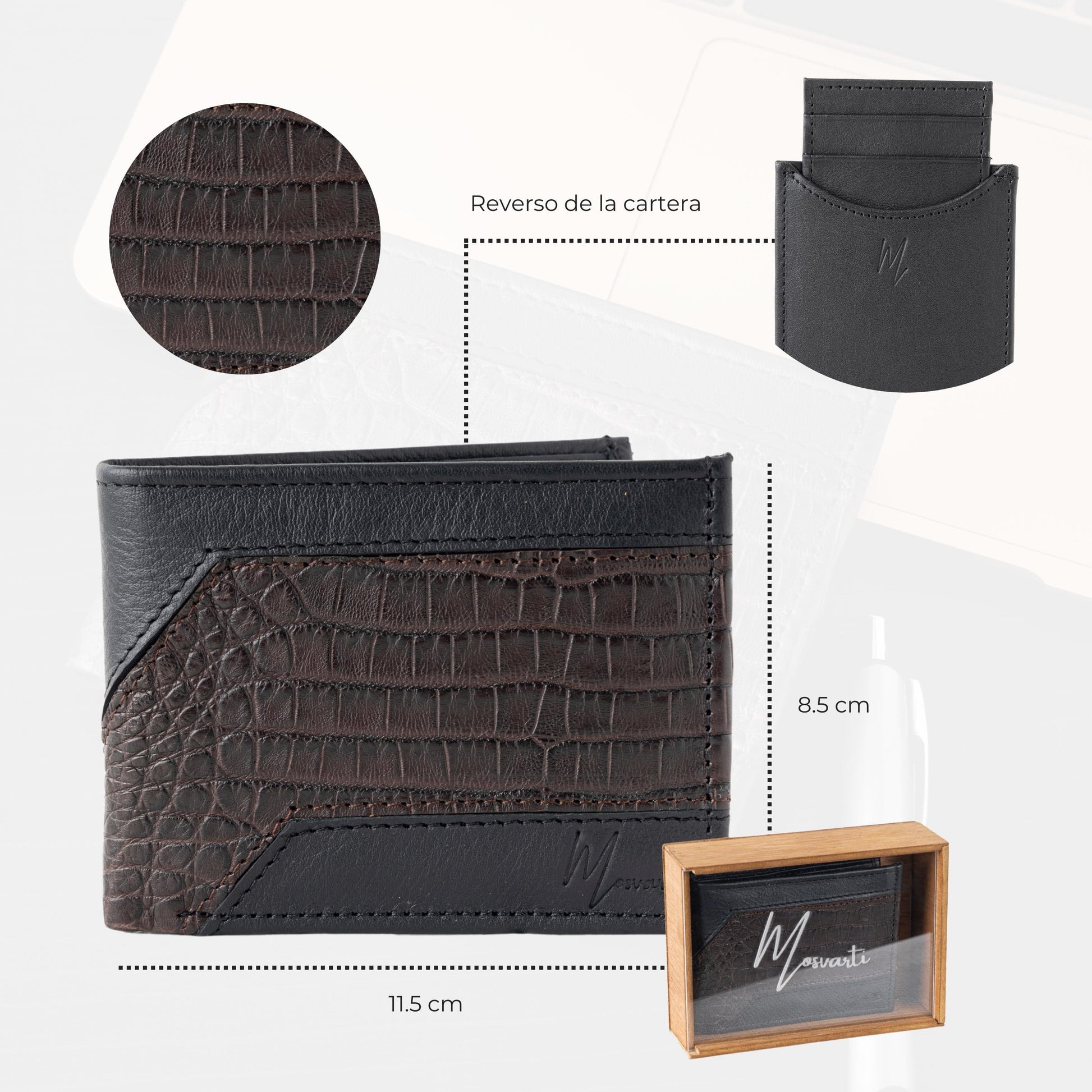 MOSVARTI Billeteras y clips para billetes Cartera caballero Leather exotic Genuine Mod. Zafari Negro/Cocodrilo cafe