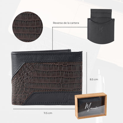 MOSVARTI Billeteras y clips para billetes Cartera caballero Leather exotic Genuine Mod. Zafari Negro/Cocodrilo cafe