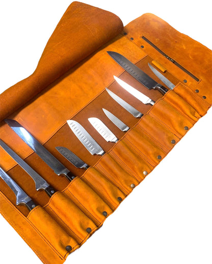 MOSVARTI Cuchillera Cuero 100%  Porta Cuchillos Profesional (crazy Naranja)