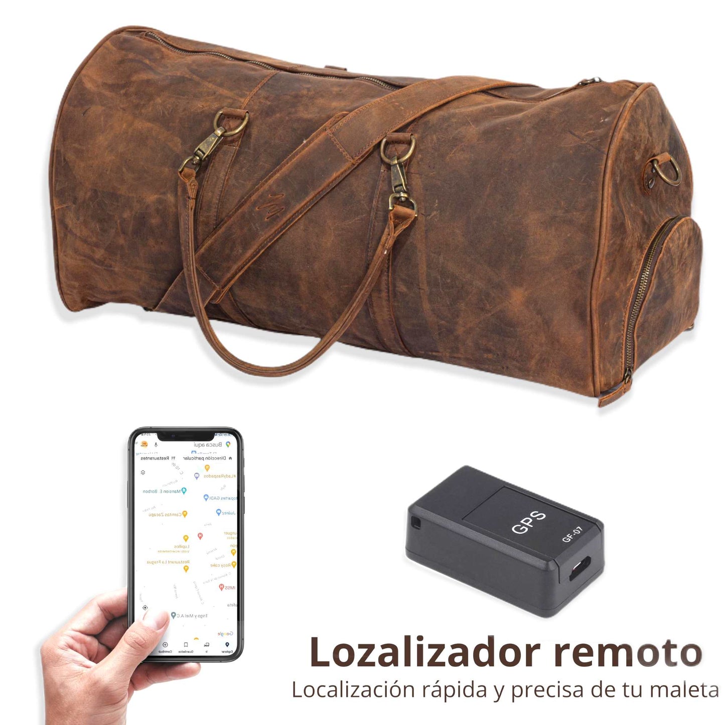 MOSVARTI Maletas Maleta Piel Genuina con Gps mod. New York Duffle (Cray Café)