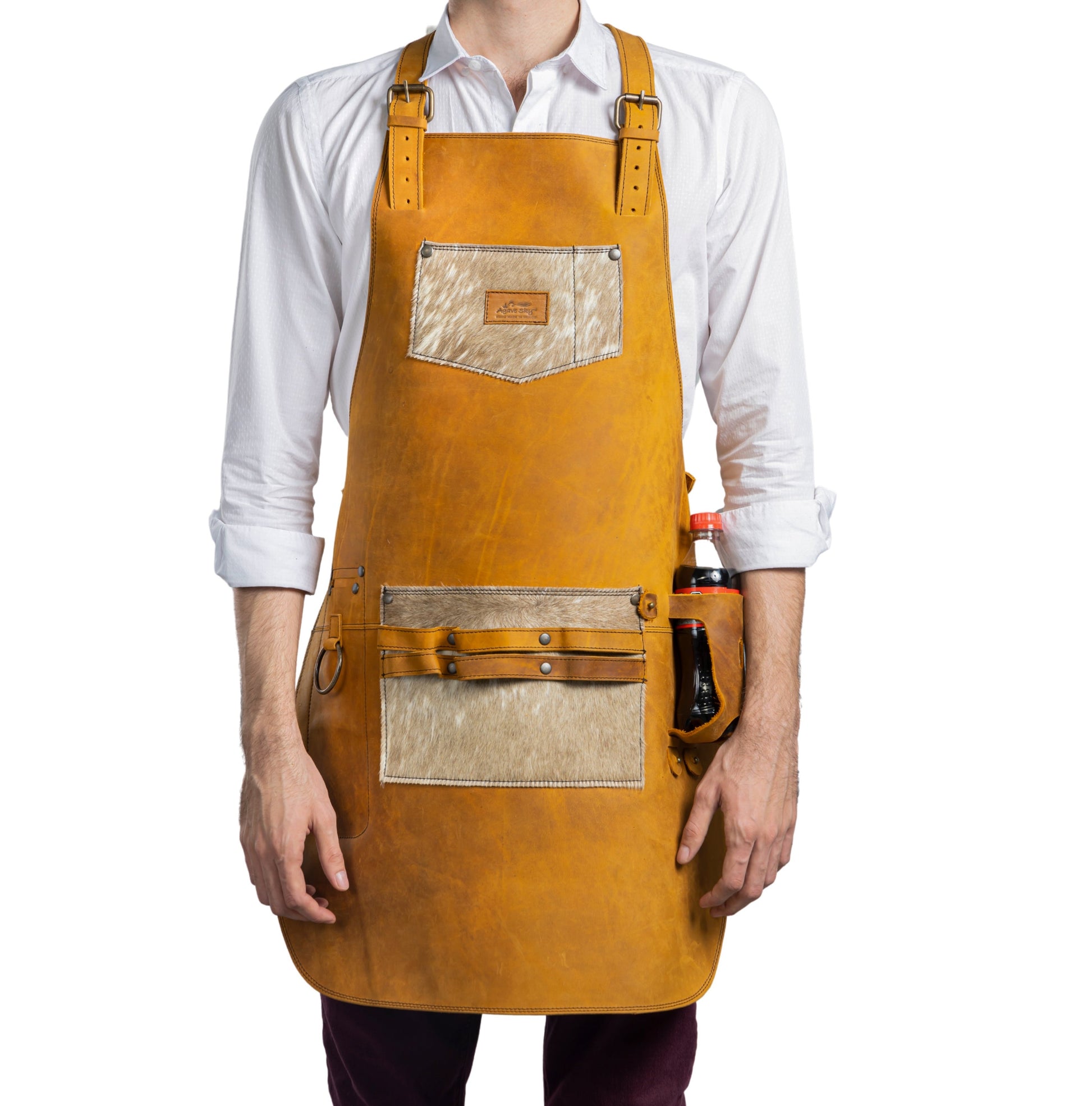 MOSVARTI Mandil Piel Genuina Mod. T-Bone 100% Mandil Parrillero Cuero Genuino  (Crazy Miel pelo res )